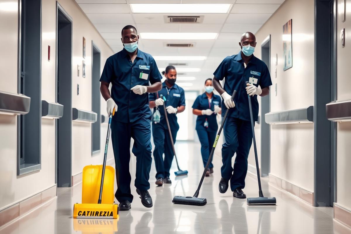 iClean cleaning team sanitising a hospital corridor