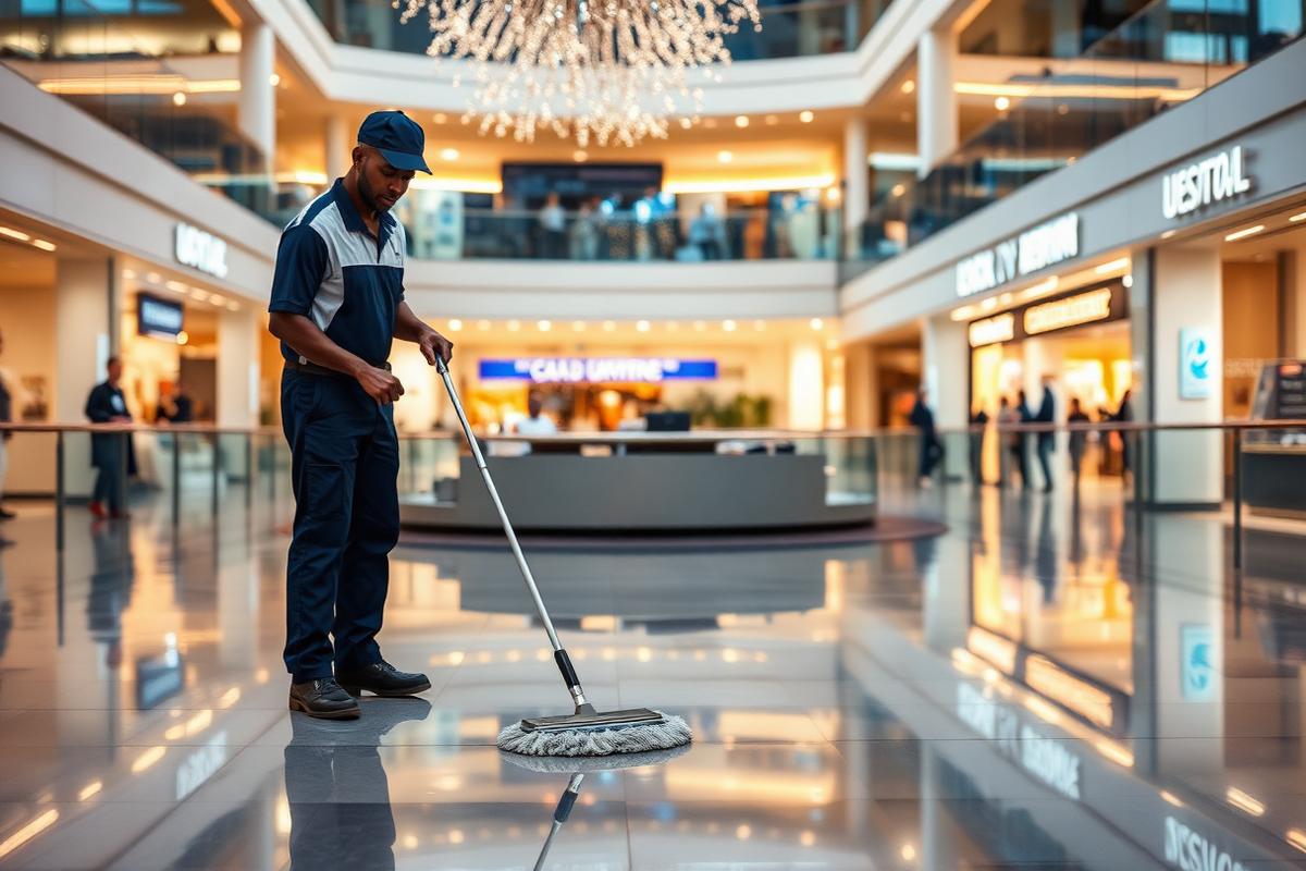 iClean cleaner polishing the floor of a shopping centre atrium