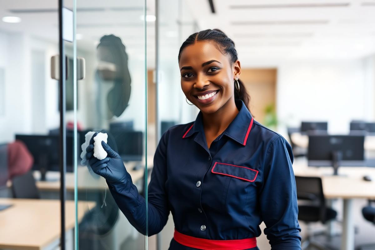 iClean Company cleaner polishing glass in a modern corporate office