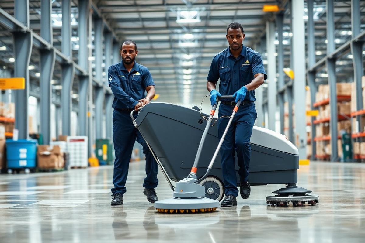 iClean team operating an industrial floor scrubber in a large warehouse